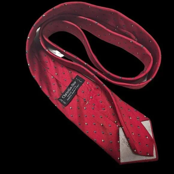 60s Christian Dior Red Silk Necktie Small Gray Pattern 3.25 " Wide Mens Tie - Picture 5 of 6